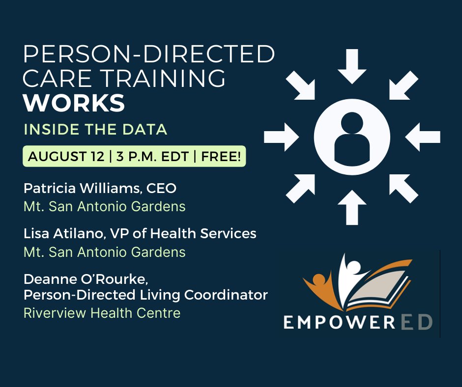 Person-directed eldercare is good for residents, families, caregivers — and the bottom line.

Learn how from leaders who have implemented person-directed care training for both caregivers and management on August 12 at 3 p.m. ET!

Register now: us02web.zoom.us/webinar/regist…