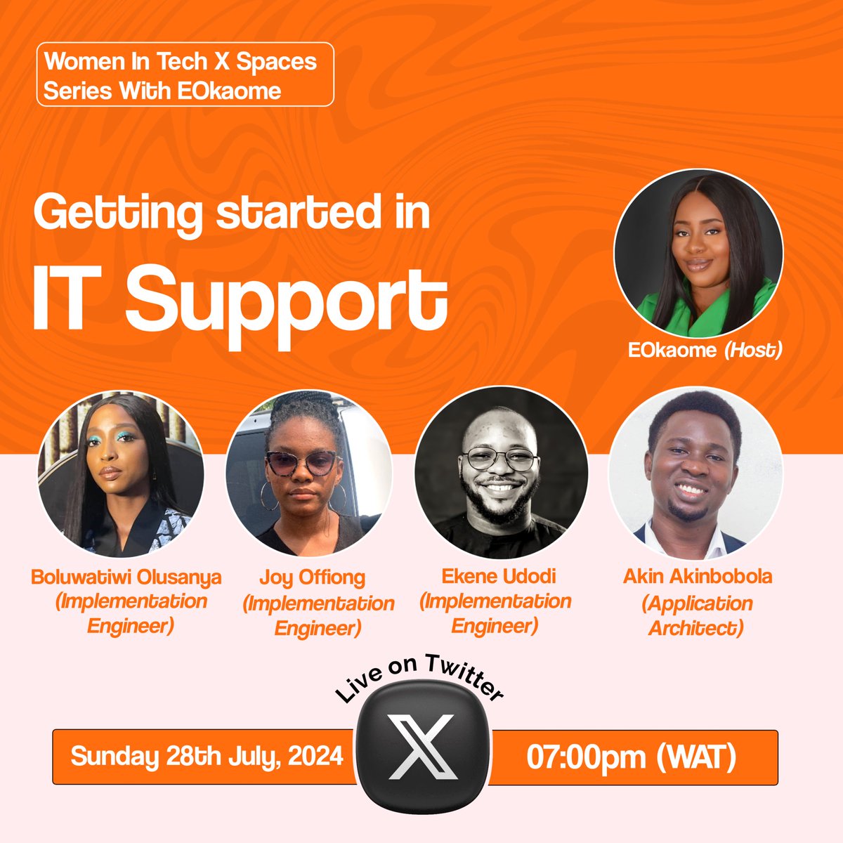 Join us for this  as we have a conversation with IT support engineers who have the Steeze to break IT supports in bits and pieces 👀🔥
We would be having <a href="/JhayOffiong/">Offiongawan</a> <a href="/avafolz/">Apálará</a> <a href="/precious_ekene/">KayKene</a> and Boluwatiwi
Set your reminders now 🥹
#womenintech