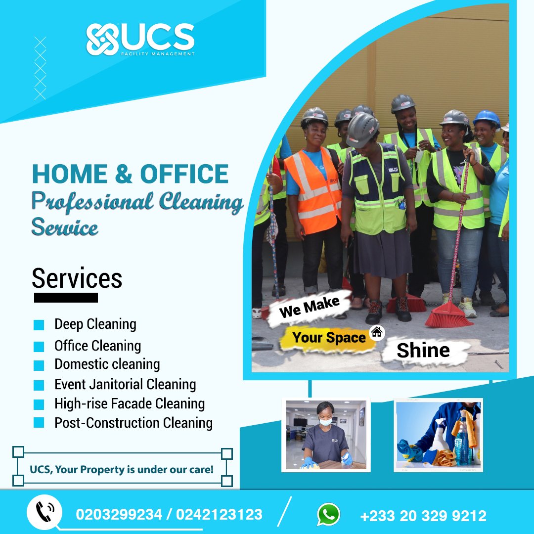 Preacherboye's tweet photo. Sparkling spaces, happy faces! Experience the magic of professional janitorial services with @ucsghana. Transform your environment today! 

 #UCSFacilityManagement #CleanAndHappy 🌟

#Paris2024 Efia Odo Medikal King Paluta Tracy DSTV 1st of August Dumsor Stonebwoy Sammy Gyamfi https://t.co/kXzmDmkxJj