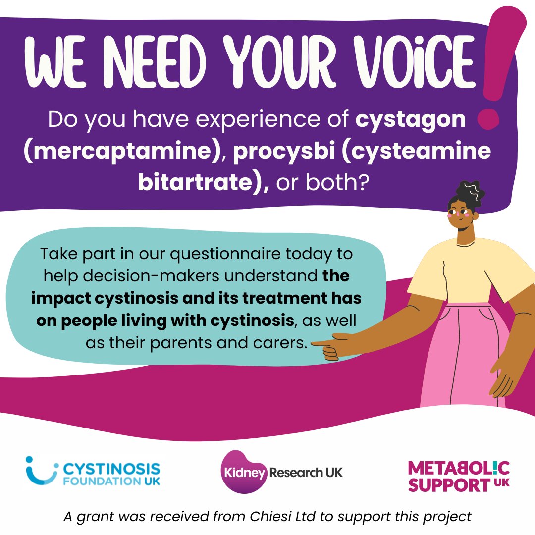 Have experience with cystagon (mercaptamine) or procysbi (cysteamine bitartrate)? 

Share your insights through our questionnaire to help us understand the impact of cystinosis treatment on daily life.

👉 Visit tinyurl.com/CystinosisTrea… to participate.

#Cystinosis #IMD #Study