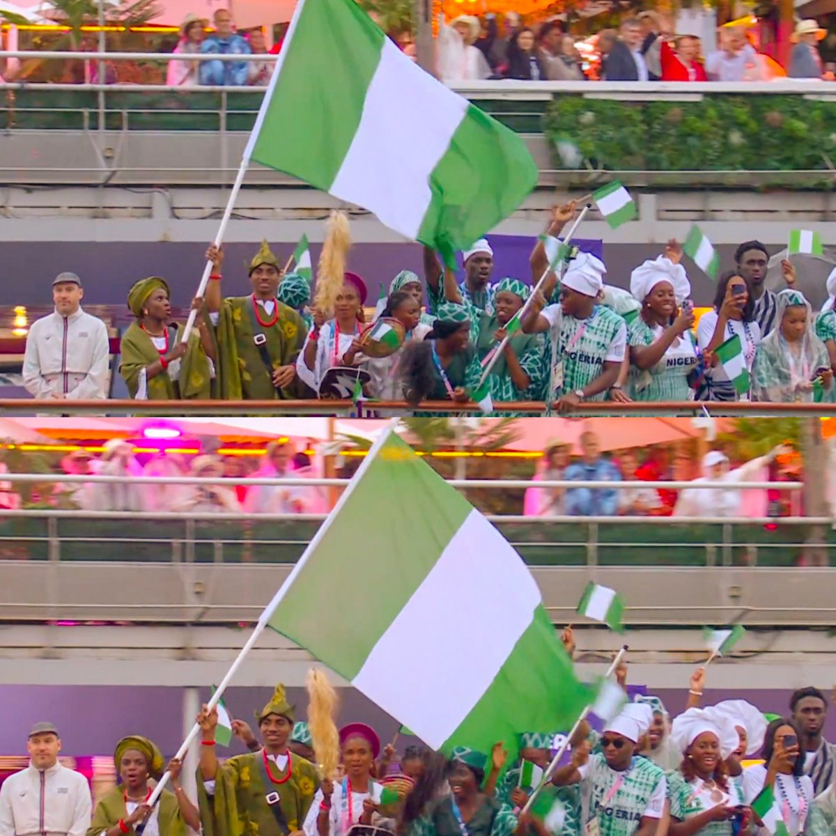 MakingOfChamps's tweet photo. Naija🇳🇬🇳🇬 Athletes on the boat in the parade of Nations at the #OpeningCeremony of #Paris2024 #Olympics

Now let the Games begin.... #NaijaNoDeyCarryLast https://t.co/pUWPzF3Ily