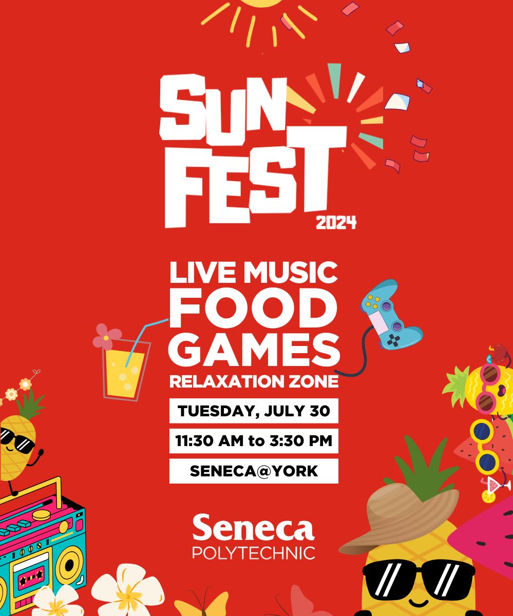 SenecaPoly's tweet image. 🌞🎉 Get ready for #SenecaSunFest2024 at Seneca@York!

🎵 Music, 🍵 food, 🤳 activities &amp;amp; 🎫 giveaways await you on July 30, 11:30 a.m. to 3:30 p.m. in the Courtyard.

Presented by SEM students. No registration needed. See you there!

#SenecaPolytechnic #CampusLife #StudentEvents