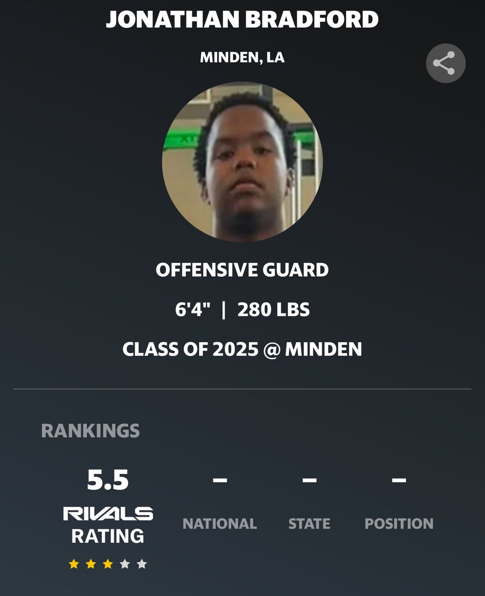 Always giving the praise and glory to God! Thank you rivals for noticing my hard work and dedication!!!! 3⭐️ <a href="/BHoward_11/">Brandon Howard</a> <a href="/MindenFB/">Minden Football</a> <a href="/coachJB_318/">Jonathan Bradford sr</a> <a href="/Rebels247/">David Johnson</a> <a href="/samspiegs/">Sam Spiegelman</a> <a href="/BaileighSheff/">Baileigh Sheffield</a> <a href="/coachgrigsby318/">Coach Grigsby</a> <a href="/BenjaminGolan/">Ben Golan</a>