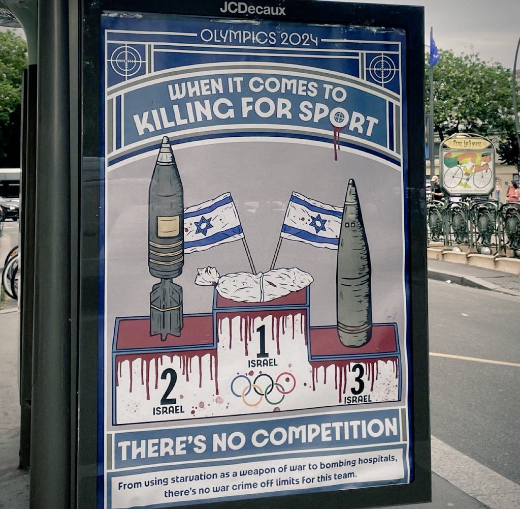 🚨🚨
لافتة تاريخية الآن في شوارع باريس ترفض مشاركة الكيان الإسرائيلي في أولمبياد باريس.

كل كوكب الارض أصبح يبنذ هؤلاء القتلة.