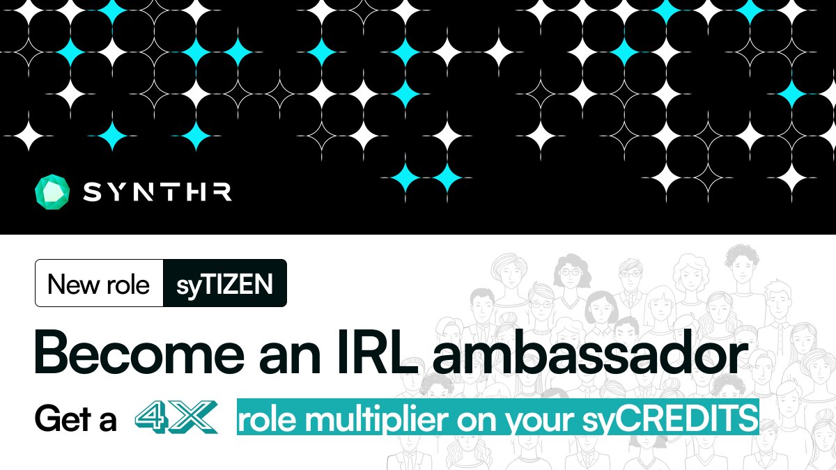 🔥Are you an OG ready to LEVEL UP as an IRL SYNTHR ambassador? This is your moment!

🏙️ Host a SYNTHR IRL event in your city
📢 Educate about SYNTHR and our kickass testnet
🎟️ Rack up those sign-ups with your referral code

😎 Expect some SICK merch your way!

💰 Score a MASSIVE