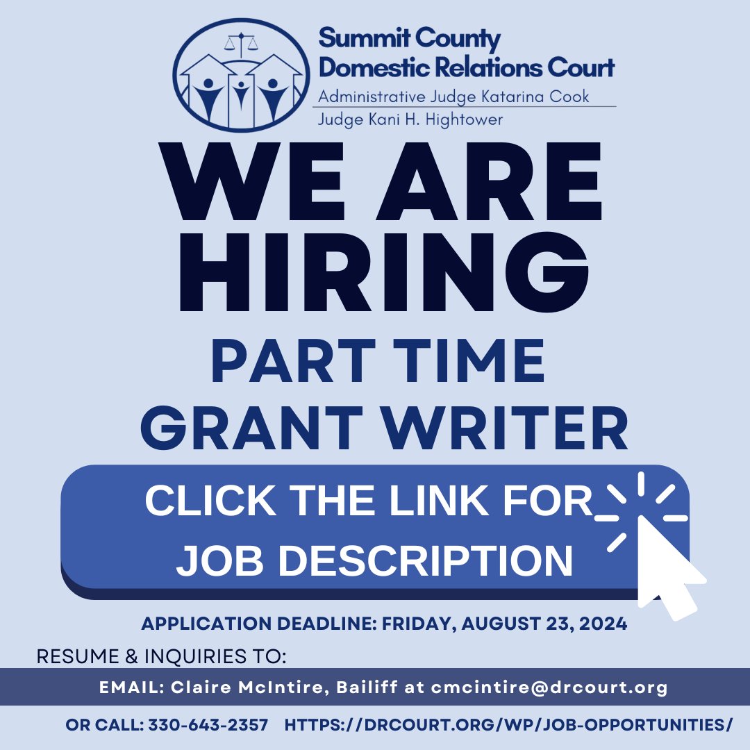 The Domestic Relations Court is looking for a Grant Writer (Part-Time). Read the job description here: drcourt.org/wp/job-opportu… OR contact us at resume@drcourt.org, 330-643-2365