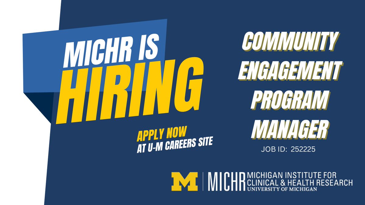 MICHR (@um_michr) on Twitter photo We're #hiring! MICHR is seeking an experienced program manager to serve as a Community Engagement Program Manager for the Community Engagement (CE) Program. Job ID 252225. careers.umich.edu/job_detail/252… We're #hiring! MICHR is seeking an experienced program manager to serve as a Community Engagement Program Manager for the Community Engagement (CE) Program. Job ID 252225. careers.umich.edu/job_detail/252…