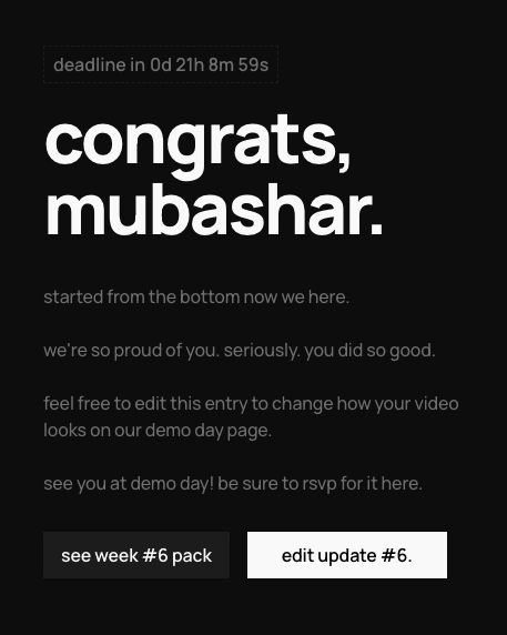 mubashariqbal's tweet photo. 🎉 thanks @_buildspace @_nightsweekends 

looking forward to watching everyones demos tomorrow! https://t.co/mFezuhb0i4