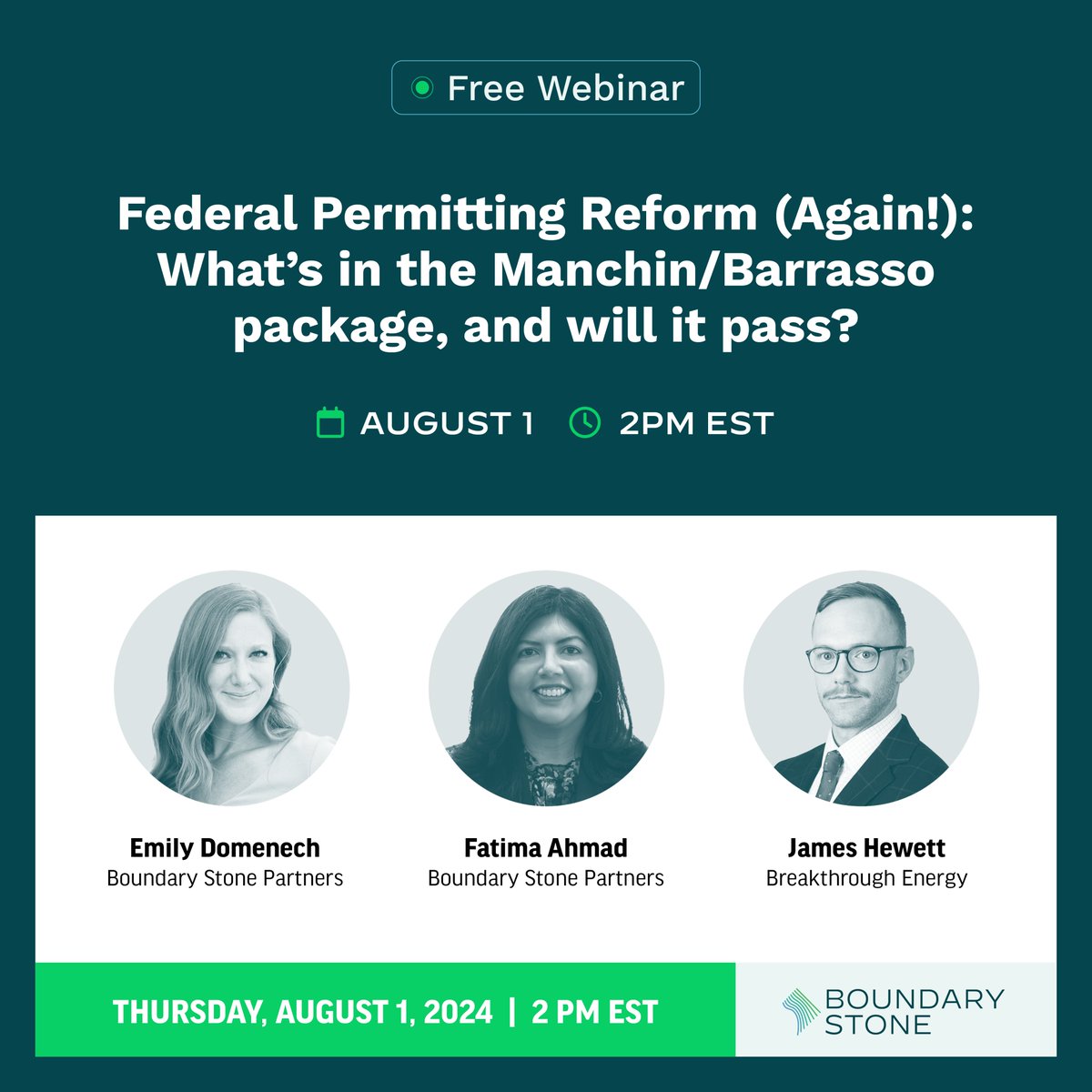 Join BSP permitting policy experts <a href="/ehdomenech/">Emily Domenech</a>, Fatima Ahmad, and <a href="/breakthrough/">Breakthrough Energy</a>’s <a href="/JamesHewettDC/">James Hewett</a> as they discuss the new bipartisan permitting package EPRA and its affects on US energy infrastructure. Register for the webinar today: bit.ly/EPRAWebinar
