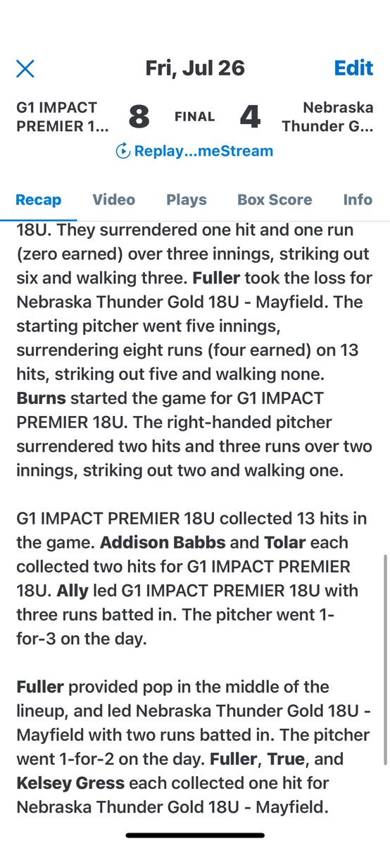 g1impact1's tweet photo. G1 Impact 18u (Babbs/Burns) defeats Nebraska Thunder to start the day at the USSSA-Fastpitch Softball,2024 Southern Nationals! https://t.co/6ZCAz4DeUd