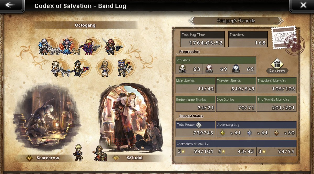 Bruni___'s tweet photo. Man, not me getting nine! new units in a month's time 🥲 lots to level, but the anniversary hunts boost should help a lot next week!

(Cyrus is there because we had the OT1 banner hunt bonus recently okay lmao) https://t.co/n62IajVJRg