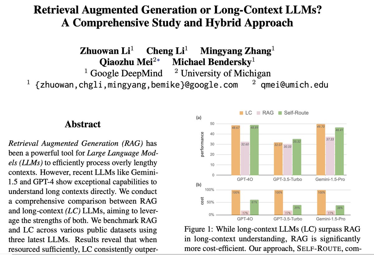 bindureddy's tweet photo. RAG Or Long Context LLMs - A Hamlet-Level Question!

There has been much debate and argument about RAG vs. long-context LLMs. In this study, they find that the long context outperforms RAG. 

Our in-house experiments reveal that long context is ineffective when the LLM has to use complex reasoning based on the content in the context to provide the correct response. RAG is the only approach for those use cases.

That being said, even the paper admits that RAG is much more cost-efficient, given that you only need to pass the most relevant parts of the document to the LLM

This paper proposes SELF-ROUTE, a simple yet effective method that routes queries to RAG or LC based on model self-reflection. 

SELFROUTE significantly reduces the computation cost while maintaining comparable performance to LC. Their findings provide a guideline for long-context applications of LLMs using RAG and LC. 

So, the answer is BOTH for non-complex use cases and RAG for complex ones. 

TLDR: RAG isn't going anywhere for a very long time.