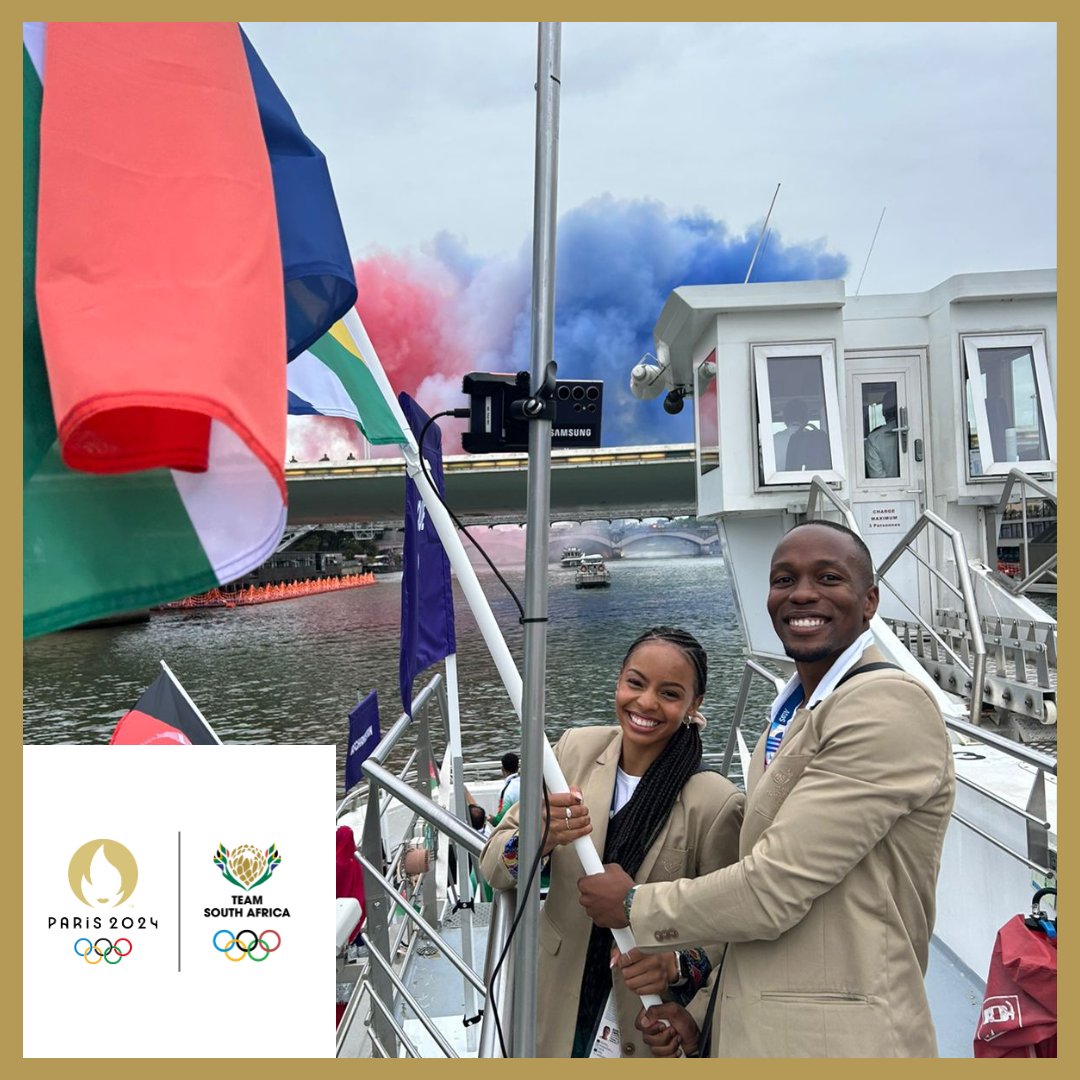 OfficialTeamRSA's tweet photo. #TeamSouthAfrica are ready for medals and memories at #Paris2024, with #TeamSA flag bearers holding the flag 🇿🇦 so high!

#ForMyCountry #Olympics #TeamSA https://t.co/UouiBo15Zh