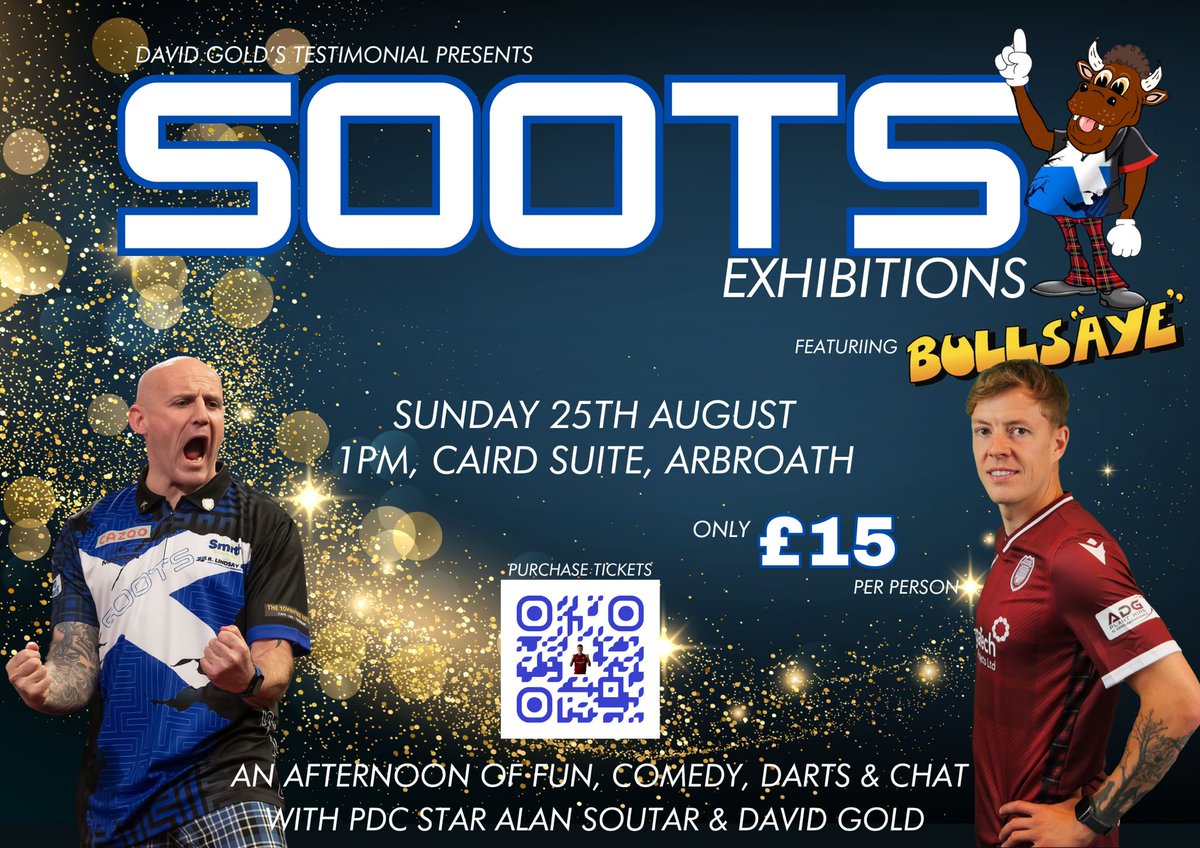 PDC Darts Star and Arbroath FC Ambassador Alan “Soots” Soutar will host an Afternoon of Darts and Comedy to celebrate David Gold’s Testimonial.

3 ways to secure your tickets!

🕸 dg7test.gumroad.com/l/bullseye?lay…
💸 Bank transfer (message for details)
💷 Paypal (message for details)
