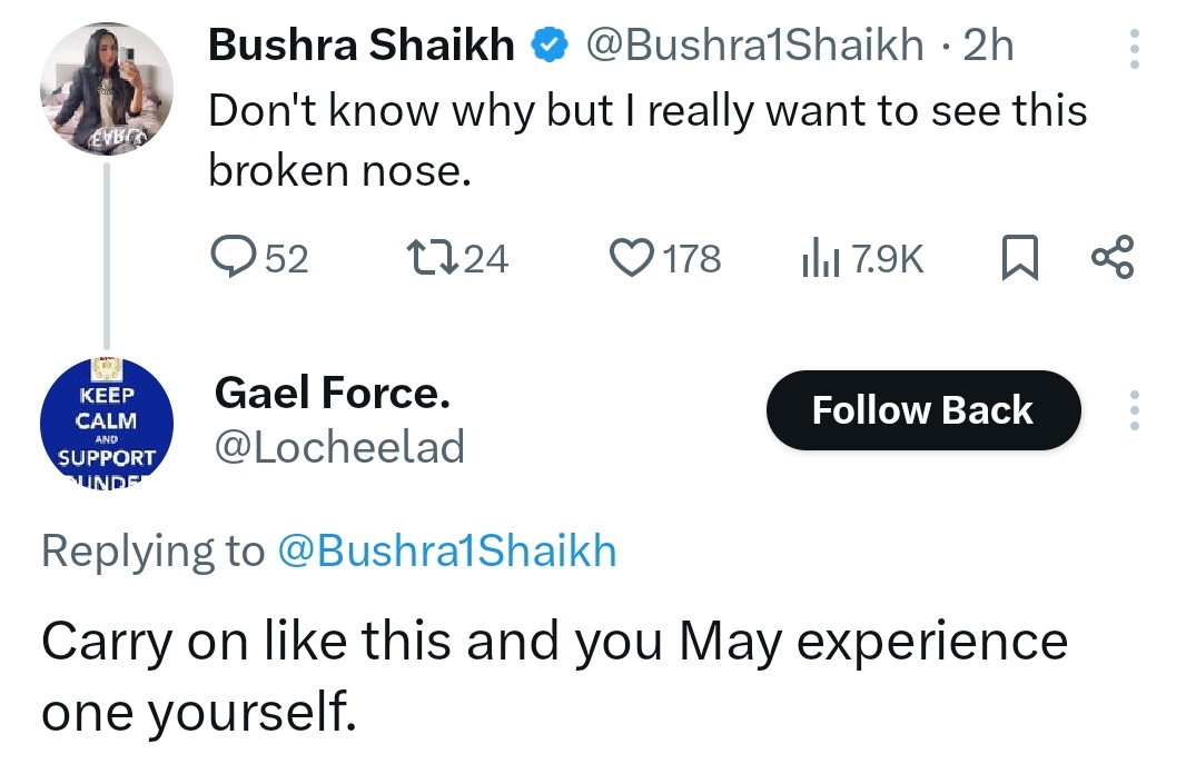 Bushra1Shaikh's tweet photo. So a broken nose is acceptable if it was a Brown, Muslim woman like me?

You truly show yourself as the dregs of society.

But let me see you try getting through my brothers first. https://t.co/HrHVrzi4sw