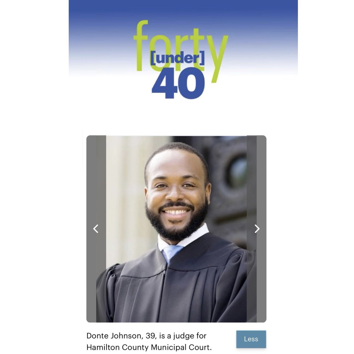 Judge Donte Johnson (@donteforjudge) on Twitter photo Thank you to the <a href="/BusinessCourier/">Cincinnati Business Courier</a> for naming me to the 2024 40 under 40 class. Also, thank you to the people who nominated me and to all that support me. Itโs an honor and privilege to serve the community I grew up in. Thank you to the <a href="/BusinessCourier/">Cincinnati Business Courier</a> for naming me to the 2024 40 under 40 class. Also, thank you to the people who nominated me and to all that support me. Itโs an honor and privilege to serve the community I grew up in.