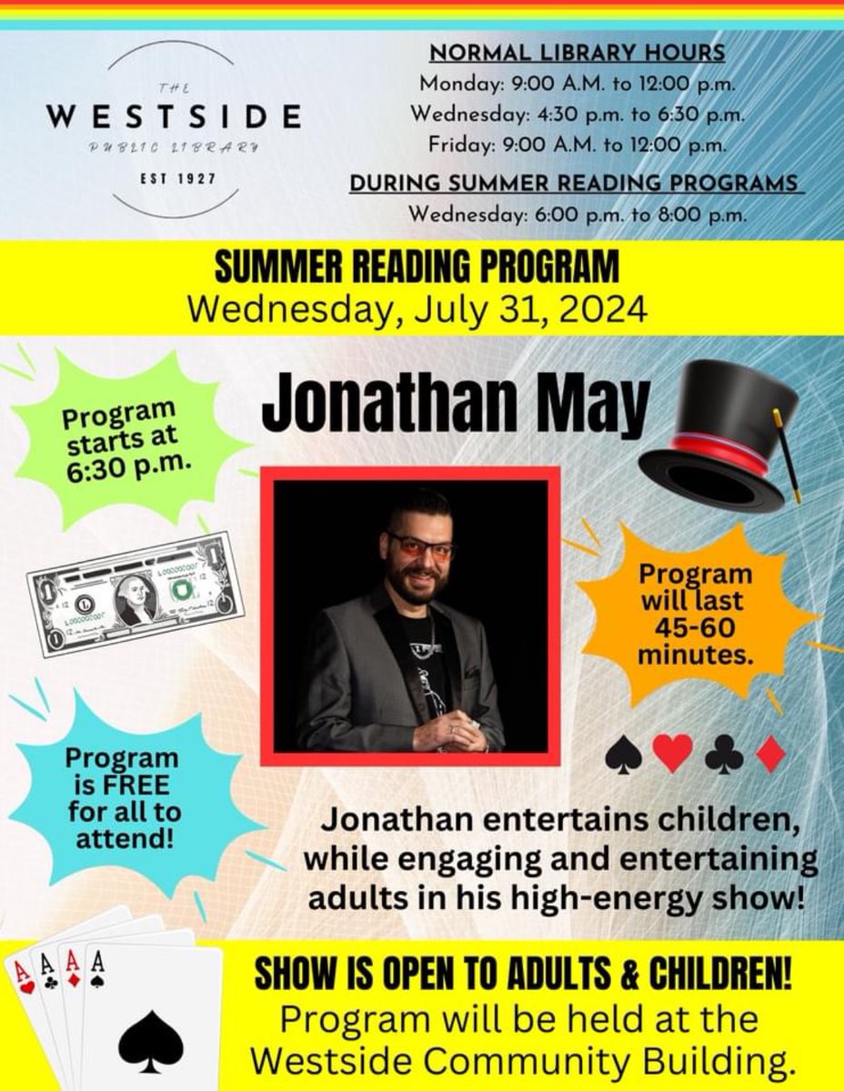 WestsideStBank's tweet image. We are excited to sponsor a magical evening at the Westside Public Library on July 31st 🐰🎩 We hope to see you there! ✨