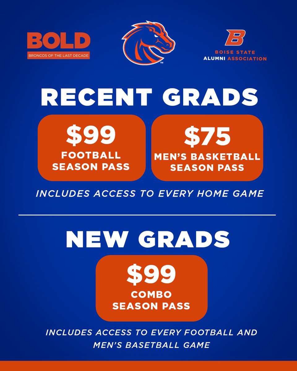 BoiseStateBAA's tweet photo. 📣Attention new and recent grads: be BOLD and get your season passes for the upcoming football and men's basketball seasons! Click the link below or call the athletic ticket office at 208-426-4737! Don't miss out!
#BleedBlue | #WhatsNext
https://t.co/xKFTujjIzS https://t.co/SVFdtNAzEZ