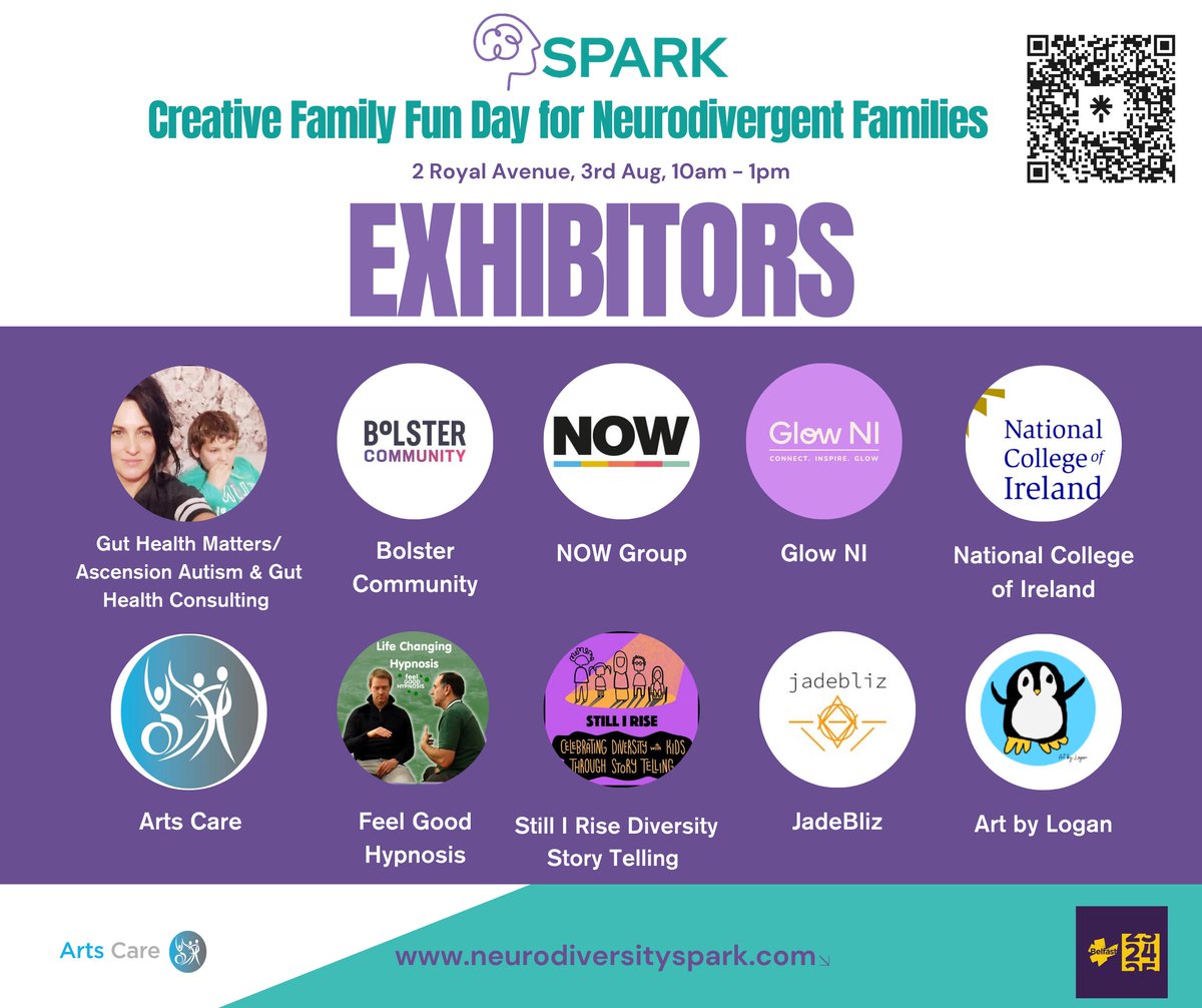Meet the exhibitors🎉 With a week left to go before the BIG DAY, it's time we announced who's exhibiting at <a href="/wearesparkni/">Spark</a> Creative Fun Day for Neurodivergent Families 3rd Aug 24 🎨🥁 10AM-1PM <a href="/2RoyalAvenue/">2 Royal Avenue</a> in partnership with @artscareni
For more info  bit.ly/SPARKFamilyFun…