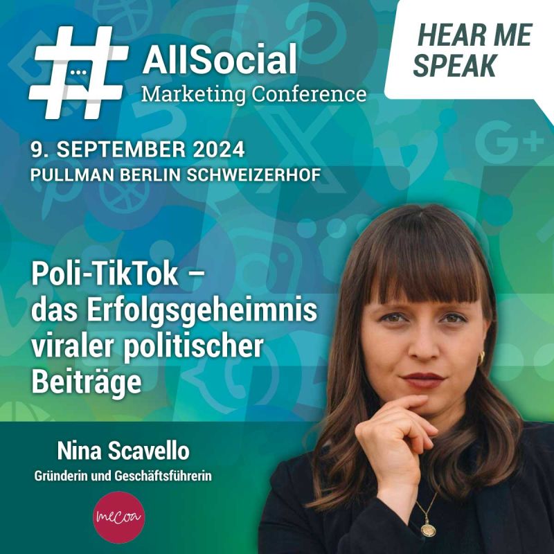 allsocialde's tweet image. 💡 Wir freuen uns auf Nina Scavello bei der #ASMC
🎓 Freie Redakteurin und Social Media Managerin 
🎤 Speakerin am 9. September in Berlin
📍 Poli-TikTok – das Erfolgsgeheimnis viraler politischer Beiträge

Hole dir dein Konferenz-Ticket: allsocialconference.de/tickets-berlin/