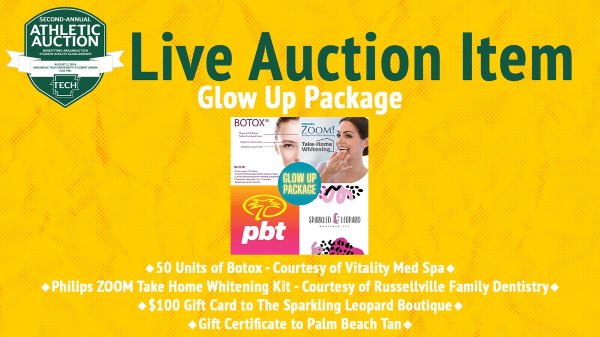 ATU_Athletics's tweet photo. 🚨 Live Auction Item Alert!🚨

𝙂𝙡𝙤𝙬 𝙐𝙥 𝙋𝙖𝙘𝙠𝙖𝙜𝙚!

50 units of Botox➕Philips Zoom Take Home Whitening Kit➕$100 gift card to The Sparkling Leopard Boutique➕Gift Certificate to Palm Beach Tan

🎟️ 📷https://t.co/n8t19cSTx5 https://t.co/svFPCAE5Hv