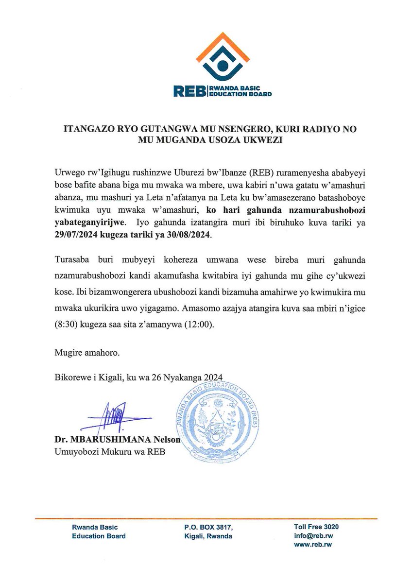 Rwanda Basic Education Board (@rebrwanda) on Twitter photo Itangazo ryo gutangwa mu nsengero, kuri radiyo, no mu muganda usoza ukwezi. <a href="/mbanelson/">Mbarushimana Nelson,PhD</a> Itangazo ryo gutangwa mu nsengero, kuri radiyo, no mu muganda usoza ukwezi. <a href="/mbanelson/">Mbarushimana Nelson,PhD</a>