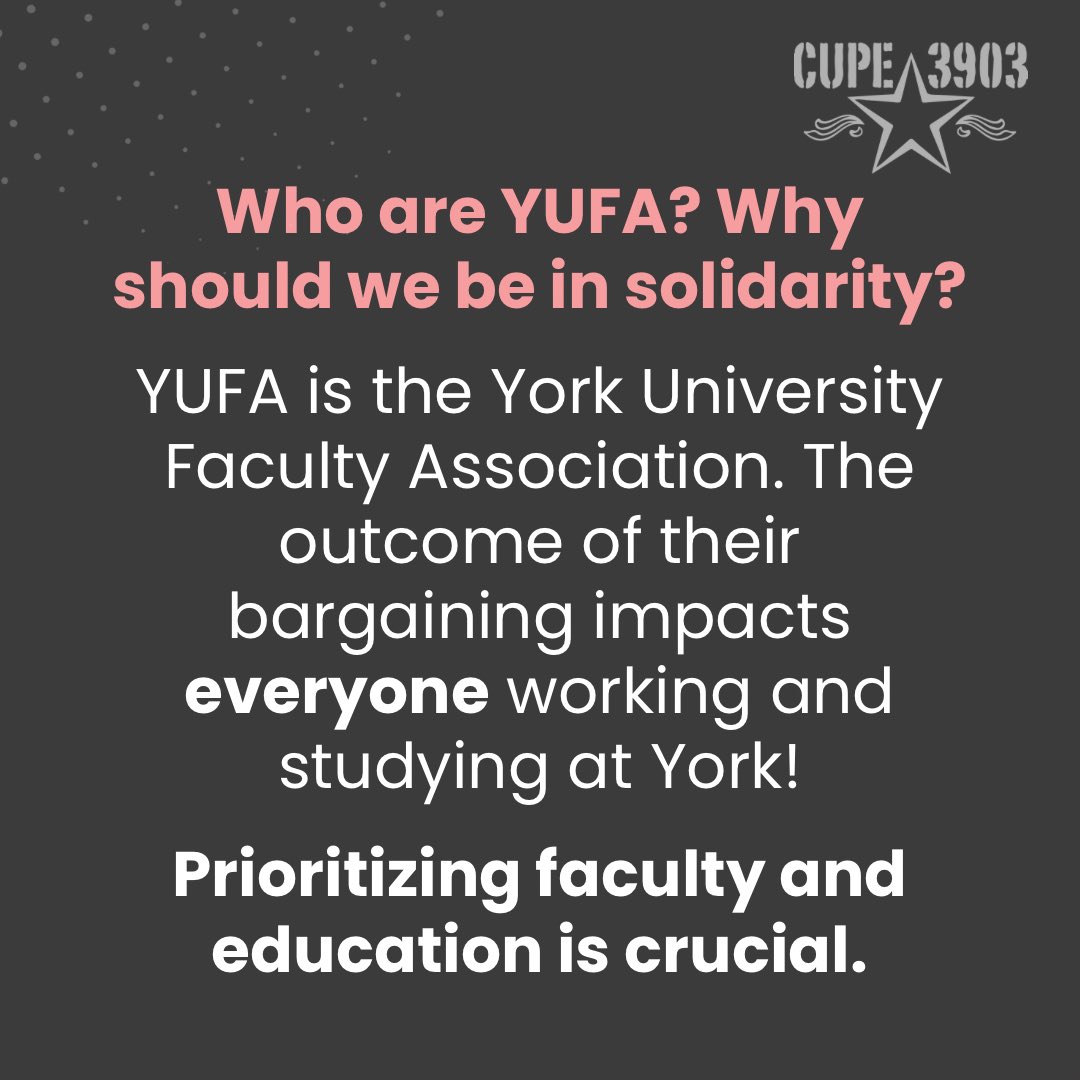 cupe3903comms's tweet photo. 🗳️ @YUFAyorku just held a successful Strike Mandate vote, with 83%+ of YUFA members showing up to vote YES (92.3%)!

YUFA is dealing with the same Employer as CUPE 3903 and needs our support with their fight. ✊ Get the full facts: https://t.co/Sb71n80qZ7 https://t.co/PXLu47Gend