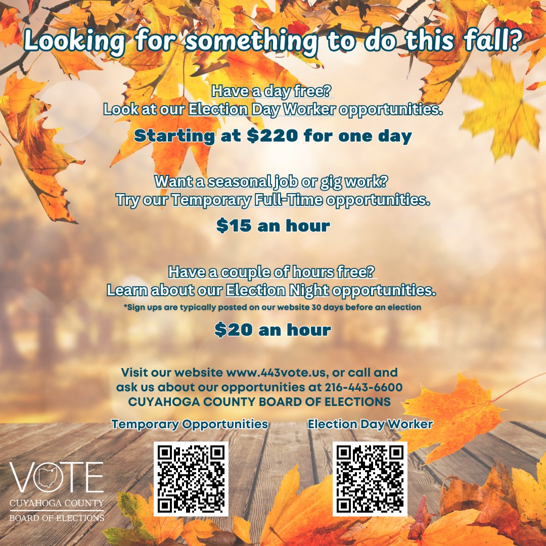 cuyahogaboe's tweet photo. Looking for a fall job? Join the Board of Elections team! Gain valuable experience, make a difference, and help ensure smooth and fair elections. Apply now and be part of the action! https://t.co/IpY4rShTXf