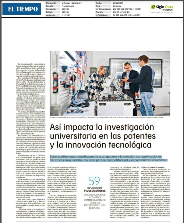 “Así impacta la investigación universitaria en las patentes y la innovación tecnológica”, art. El Tiempo, en el cual nuestro director de Investigación e Innovación <a href="/URosario/">URosario</a> , <a href="/SCristanchoM/">Sergio Cristancho Marulanda</a>  y Alejandro Boada de <a href="/UExternado/">U.Externado</a> se refieren al tema y destacan lo siguiente… (Hilo)