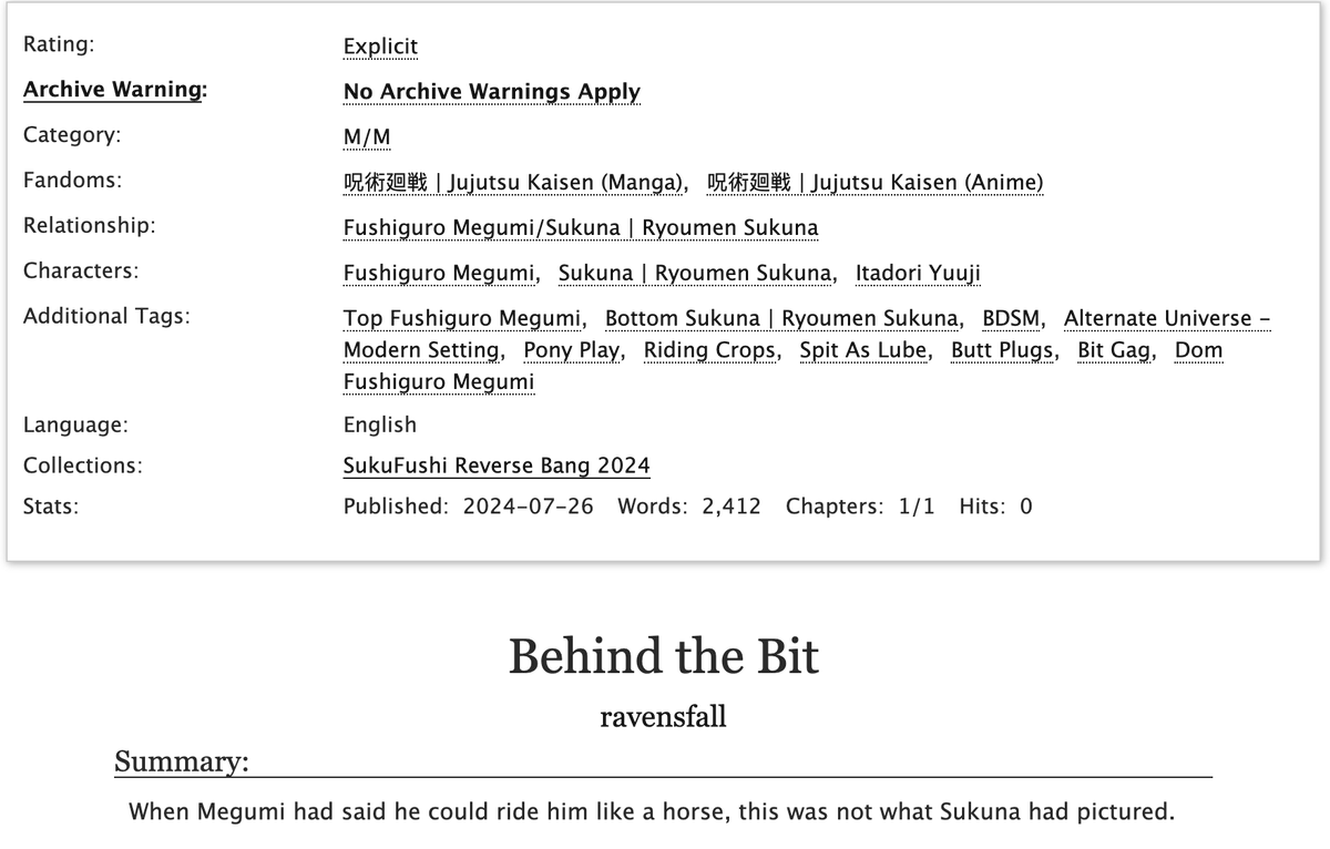 ravensfall_'s tweet photo. Giddy up! It's time for me to share my collab for
@skfsreversebang w/the most amazing person ever @Mysti_Wisty💕
Behind the Bit
🐴 FushiSuku (Megumi/Sukuna) #fssk #伏宿
🐴 Rated: E
🐴 Modern AU, Pony Play
(enjoy the bad romance novel graphic)
Fic & Mysti's stunning art link ⤵️ https://t.co/kWZwlEUAv6