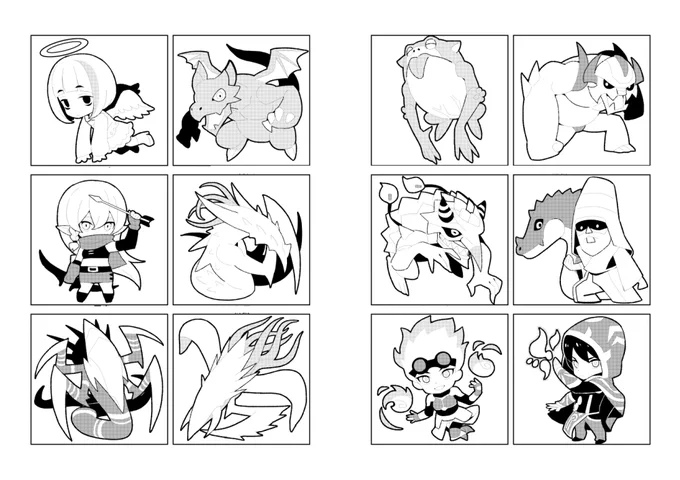 MTG本のカット絵描きオワタ!こんな感じのディフォルメ絵をいっぱい描きました。どれがなにか伝わるかな。 