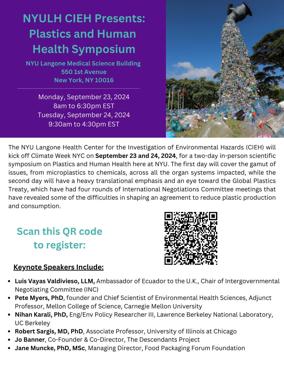 The NYU Center for the Investigation of Environmental Hazards (CIEH) will kick off Climate Week NYC on September 23 and 24, 2024, for a two-day in-person scientific symposium on Plastics and Human Health here at NYU.
Register Here!: eventbrite.com/e/nyulh-cieh-p…