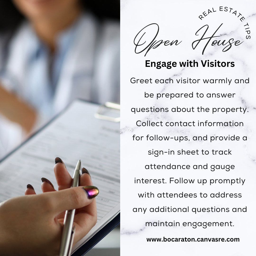 👋 Welcome each visitor warmly and be ready to answer questions about the property. Collect contact info for follow-ups and use a sign-in sheet to track attendance and interest.  🏡📋 #RealEstateTips #ClientEngagement #CanvasRealEstate