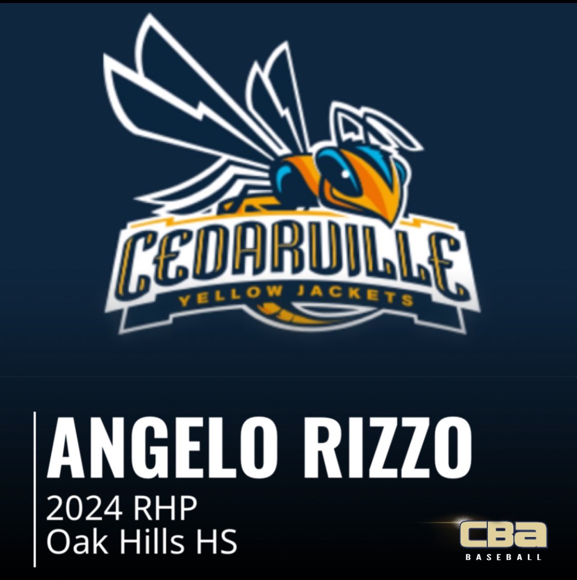 CBABaseballUSA's tweet photo. Congratulations Angelo Rizzo | 2024 RHP Oak Hills HS | committed to Cedarville University 

#weareCBA | #TheStandard https://t.co/CAg4szEYwM