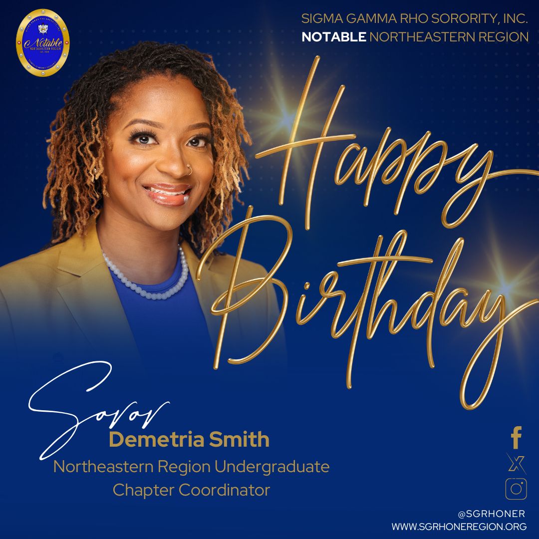 SGRhoNER's tweet photo. Join us in celebrating the birthday of our #DistinctlyNotable UCC, Soror Demetria Smith! May your day be filled with joy and love!
#Notable
#BeNotable
#SGRhoNER
#AmplifyGreater
#SigmaGammaRho https://t.co/Hs4Mt8lYQX