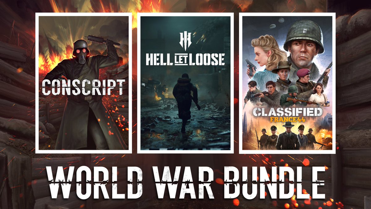 Looking for more World War action? Pick up the World Wars Bundle to save 10% off Classified: France '44, Hell Let Loose and new release, CONSCRIPT! 💥

Already own some of the games? You'll still save 10% off the ones you don't own!

Find the bundle here: bit.ly/3A10Ebm