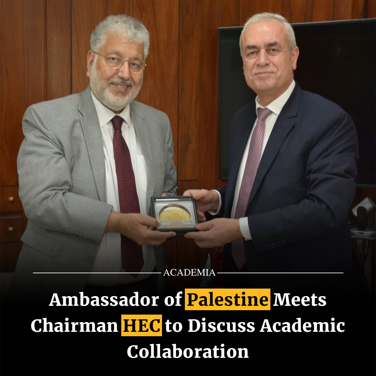 The Ambassador of Palestine to Pakistan, Mr Ahmed Jawad A. A. Rabei, met with Chairman of the Higher Education Commission @HECpkOfficial, Dr Mukhtar Ahmed, to discuss academic issues of mutual interest. The meeting focused on strengthening #educational ties and enhancing support