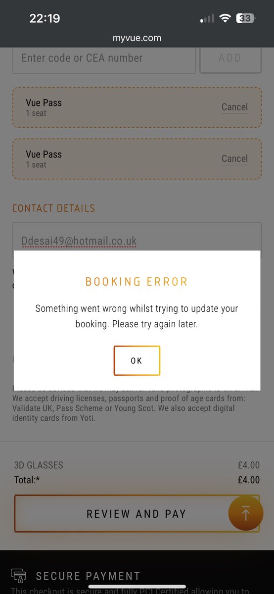 entropyjiujitsu's tweet photo. @VueHelp I’ve been a booking error trying to use a pass and also trying to pay for tickets without the pass. I’ve wasted money on the Lloyd’s society perks as the code doesn’t work and can’t book tickets on my phone or a completely different machine. Are there system issues? https://t.co/TLJ33K0prh