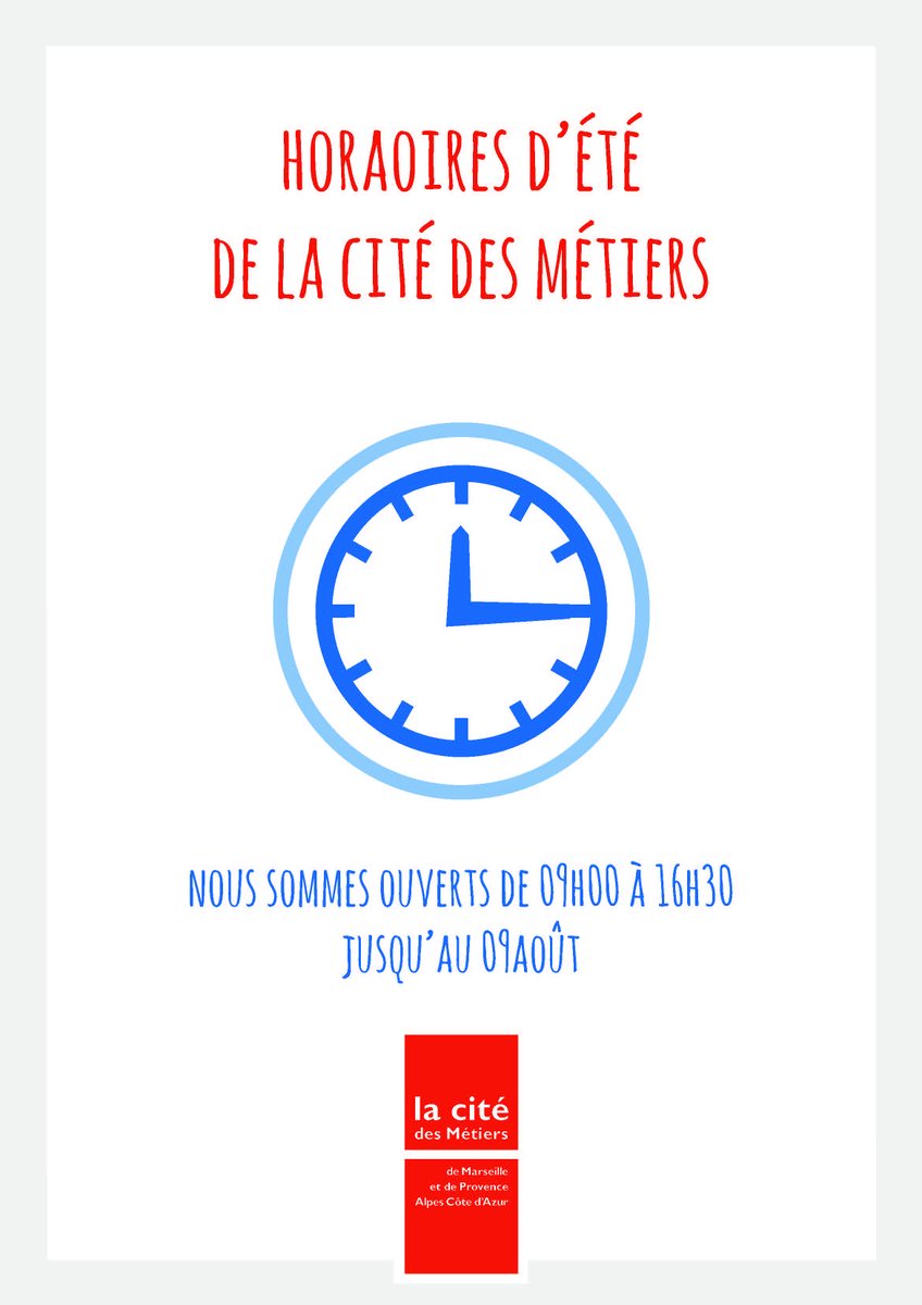 📷| HORAIRES D'ÉTÉ|📷
À partir du lundi 29 juillet et jusqu'au 9 août, La Cité passe en horaires d'été ! 📷📷
Nous seront ouverts du lundi au vendredi de 9h à 16h30 !
Bel été !