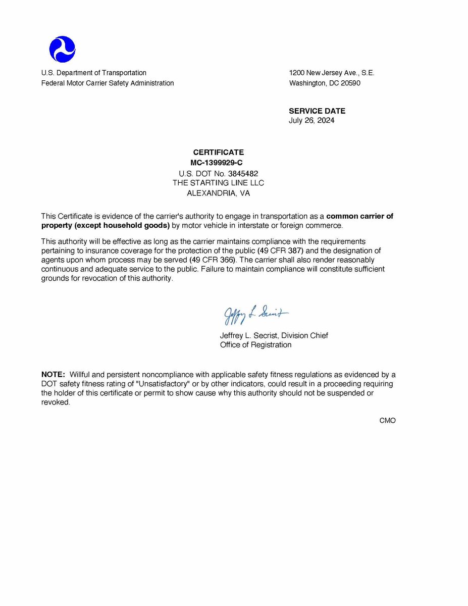 PureDrivingFund's tweet image. It’s an exciting day for one of our portfolio companies -  granted Federal interstate operating authority and also authority to transact business in Texas. (TxDMV number pending.) Need to move a vehicle within Texas or across the US? Reach out to them here: @TheStartingLin3