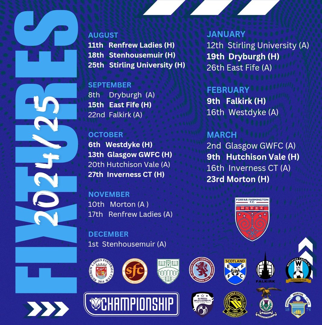 Farmington_FC's tweet photo. 🗓️ #SWFchampionship fixtures for season 2024/25 💙⚽️

Sponsorship opportunities, season ticket details and squad to follow 👀

In partnership with @ForfarCFT
#fclub #SheCanSheWill #BeTheDifference https://t.co/YVPbs0wb7Q
