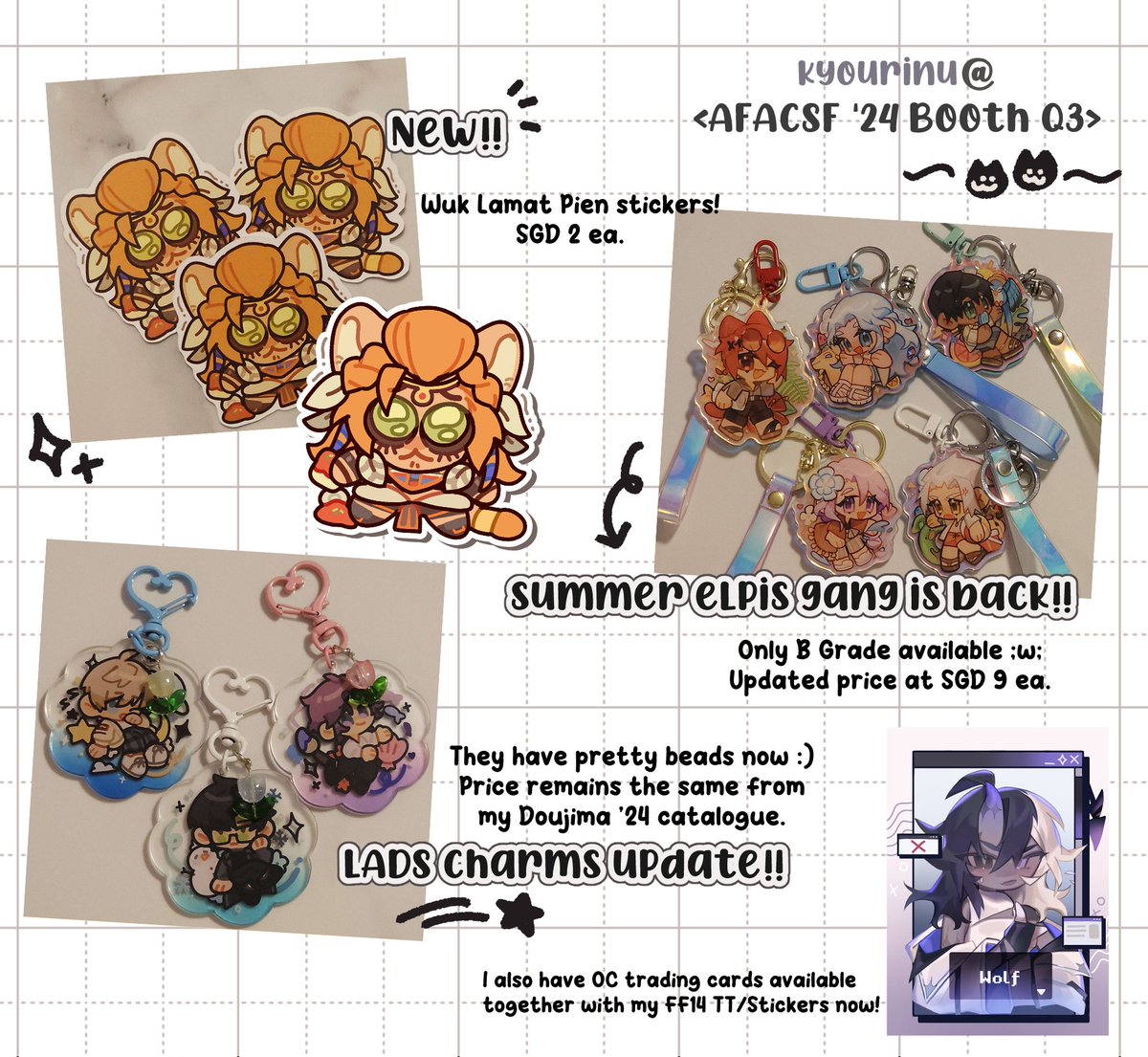 hyrinu's tweet photo. hebo! late catalogue update for #AFACSF24 #AFACSF ! ✨✨

i will still be using my recent doujima catalogue (link in replies) with some updates in this post! i'll be at booth Q3 with my friends C: https://t.co/5730ODc9wX