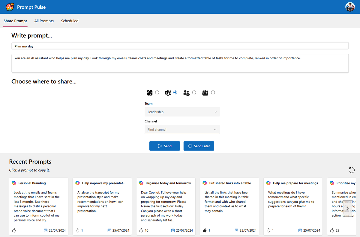 sharepointalex's tweet image. Excited to launch Prompt Pulse 🚀 an @m365pnp hosted project which allows scheduled sharing of Microsoft 365 Copilot prompts across an organization using #PowerApps and #PowerAutomate.
aka.ms/promptpulse
Enjoy! 😀 #pnpweekly #m365pnp #copilot #m365copilot #microsoftcopilot