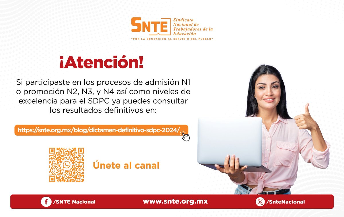 ¡Atención! 👨🏻‍🏫👩🏻‍🏫

El #SNTE publica los resultados de los procesos de admisión N1, promoción N2, N3 y N4, así como en los niveles de excelencia para el SDPC.
Consulta esta información en el siguiente enlace:
👉🏽acortar.link/6rUcPH