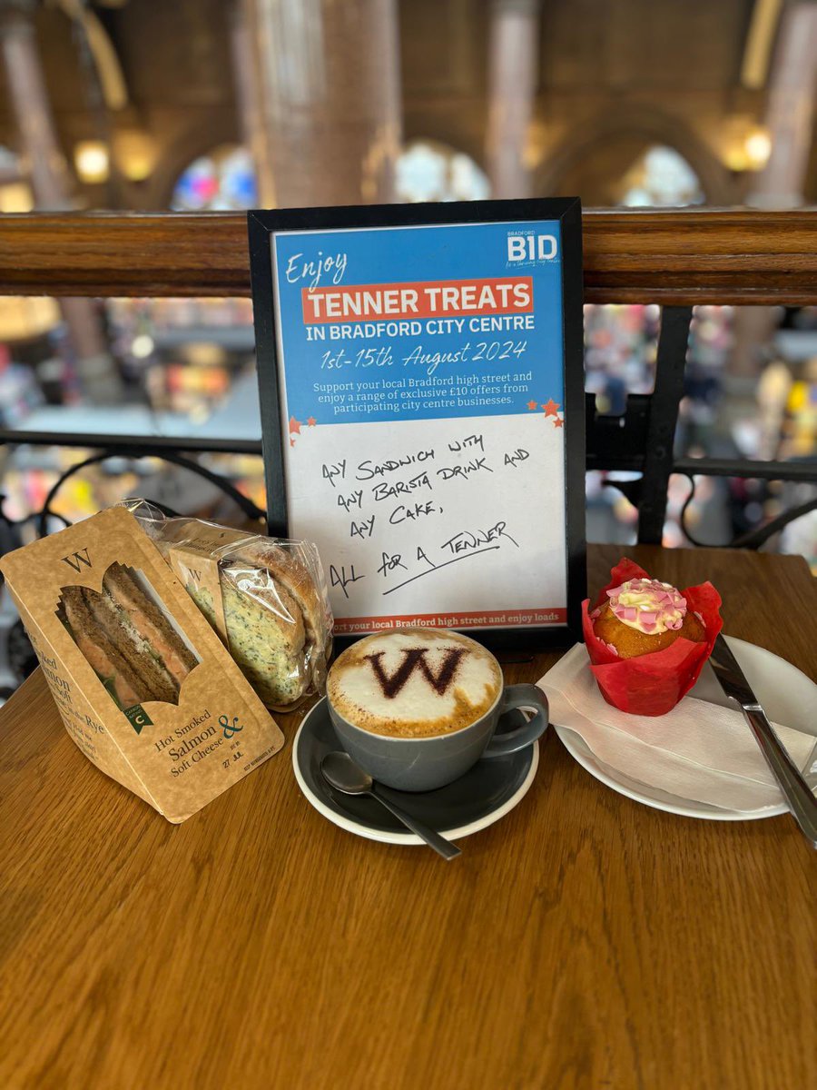 WaterstonesBD1's tweet photo. Waterstones Bradford is in cahoots with the @bradford_bid team to offer you any sandwich + cake + barista made drink, all for a tenner #Tennertreats #Bradford #BradfordBid #CafeW https://t.co/uP7yprHxZ1
