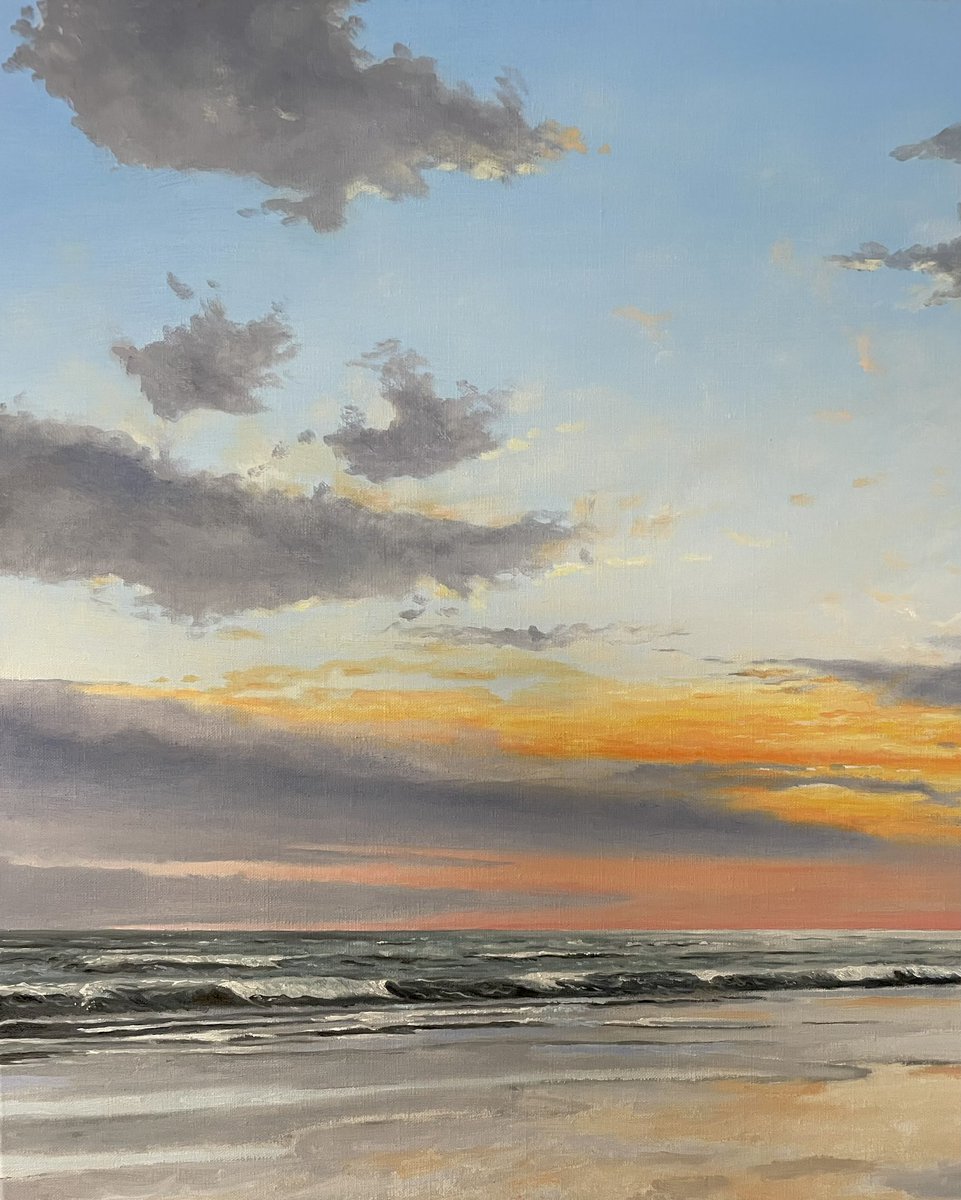 Work in progress 🎨 Working on the second layer of the sea. The beach will follow (first layer now). Part of the painting! Next layers later 😊 #seascape #sunset #sea #waves #oilpainting #artistsonx