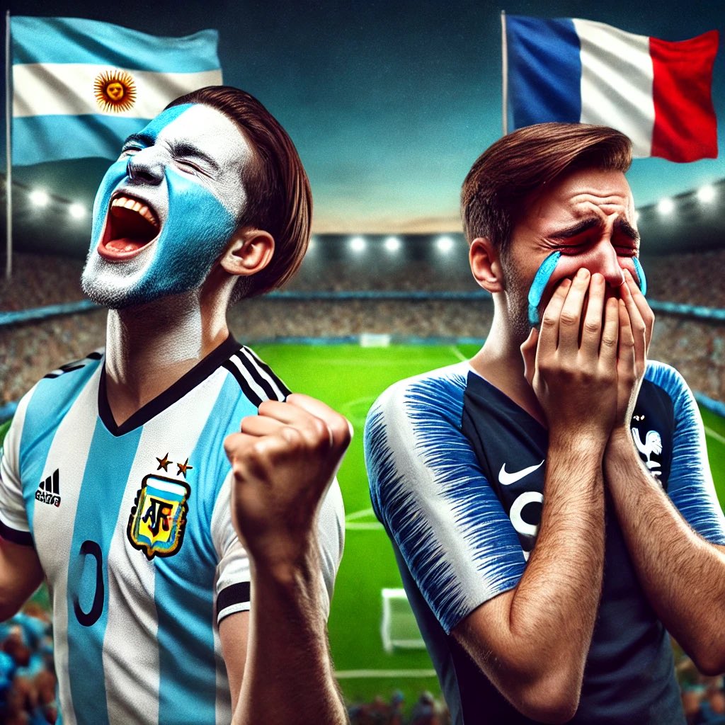 Arielprogrammer's tweet image. Otra @OpenAI vs @Meta el prompt es : Podes hacer una imagen de un hincha argentino a la izquierda y un hincha francés limpiándose las lágrimas. El fondo tiene que ser una cancha de fútbol

A ver si diferencian cuál hizo cuál ?