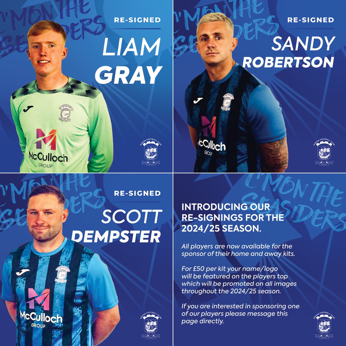 Introducing our re-signings for the 2024/25 season.

All players are now available for the sponsor or their home and away kits.

If you are interested in sponsoring one of our players please message this page directly for more information.

C’mon the Seasiders!!