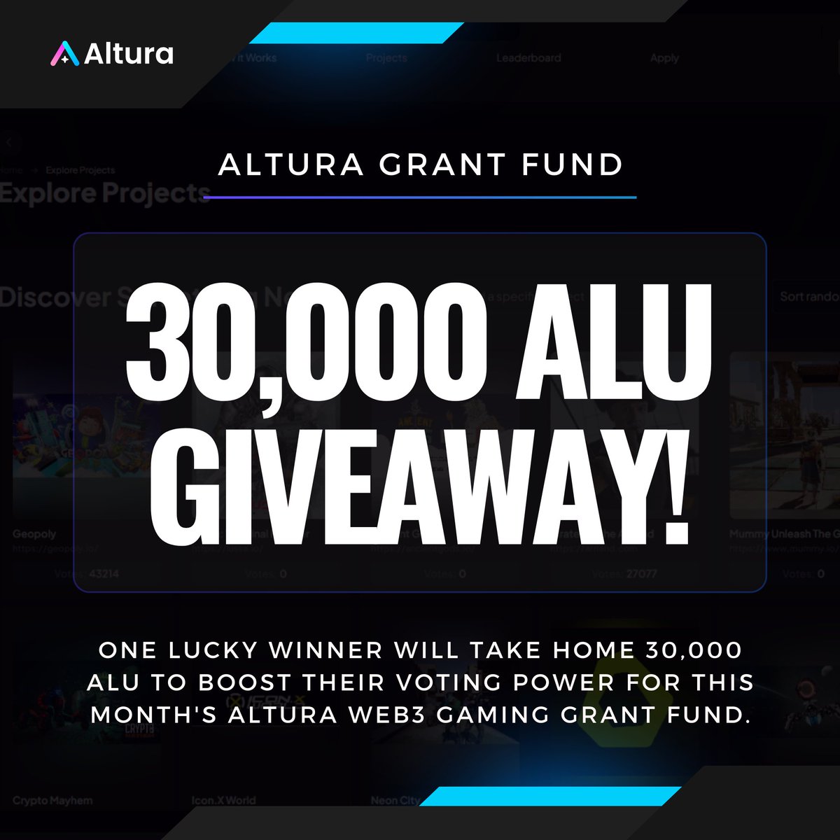 🎁30,000 ALU Giveaway🎁

One winner gets a 30,000 boost to their voting power for the Altura Gaming Grant Fund.

1️⃣RT &amp; follow @AlturaNFT 
2️⃣Tag a Web3 project &amp; 2 friends
3️⃣Join our Discord &amp; send a message in the #votingboost channel

Up for the challenge?

Details👇

Join: