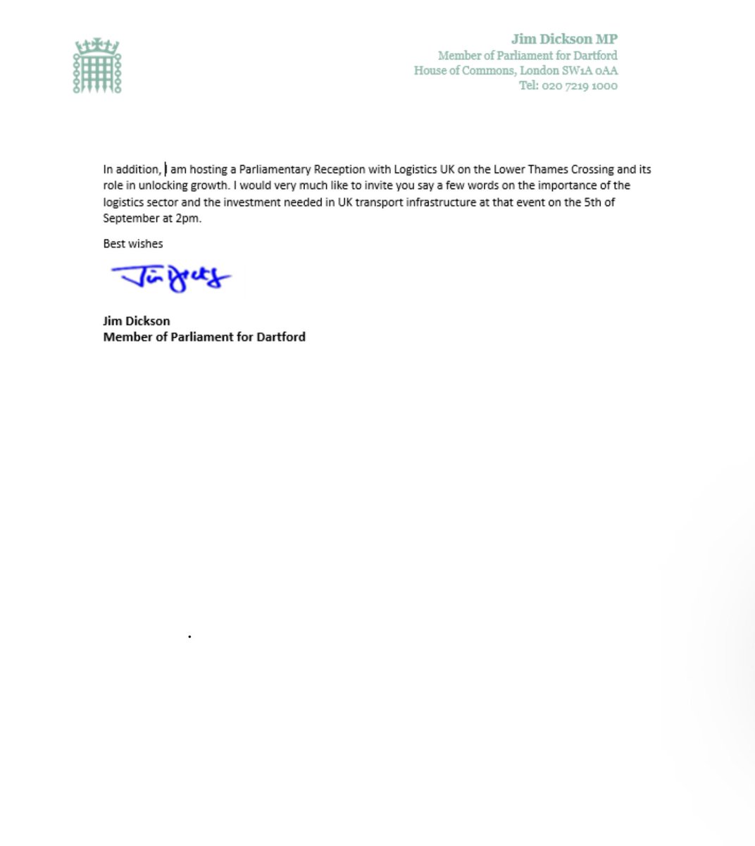 Jim Dickson MP for Dartford (@jim4dartford) on Twitter photo It’s vital for Dartford & the UK that the Lower Thames Crossing is approved & built as soon as possible. Today I’ve written to <a href="/LouHaigh/">Louise Haigh</a> our great new Secretary of State <a href="/transportgovuk/">Department for Transport</a> to urge her dept to agree the plans for <a href="/lowerthames/">Lower Thames Crossing</a> when they come for decision on 4th Oct! It’s vital for Dartford & the UK that the Lower Thames Crossing is approved & built as soon as possible. Today I’ve written to <a href="/LouHaigh/">Louise Haigh</a> our great new Secretary of State <a href="/transportgovuk/">Department for Transport</a> to urge her dept to agree the plans for <a href="/lowerthames/">Lower Thames Crossing</a> when they come for decision on 4th Oct!